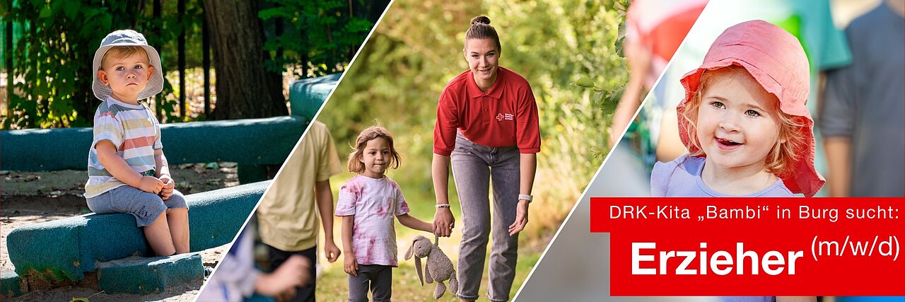 Erzieher (m/w/d) gesucht – DRK-ITEK „Bambi“ Burg Collage mit Kita-Kindern und Erzieherin der DRK-ITEK „Bambi“ Burg.