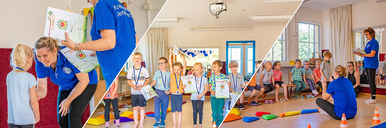 Mini-Sportabzeichen Sportino – Impressionen aus der DRK-ITEK „Bambi“ Collage aus drei Fotos: Kinder beim Klettern, im Parcours und mit Urkunden beim Mini-Sportabzeichen Sportino.