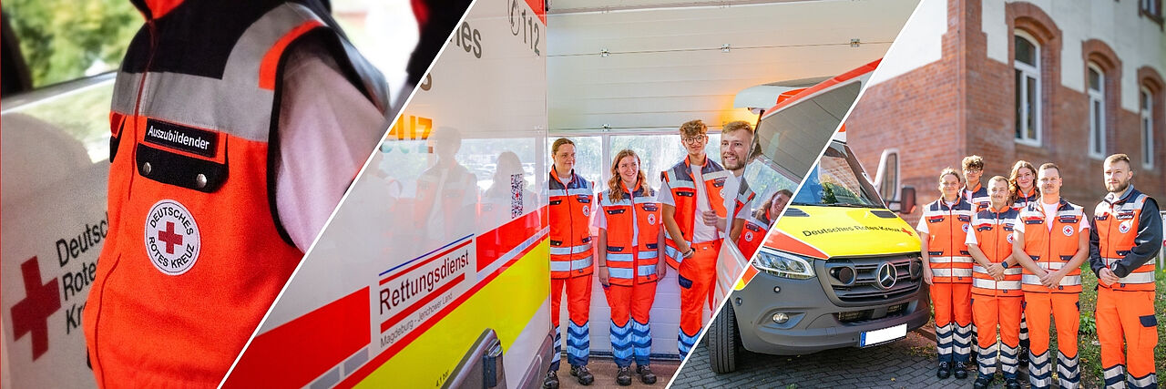 Titelbild Collage – Ausbildungsstart Notfallsanitäter 2025 Collage mit Bildern der neuen Notfallsanitäter-Azubis: Detailaufnahme der DRK-Dienstkleidung, Gruppenfoto vor dem RTW Genthin 83/1 und Einweisungsszene in der Rettungswache Burg.